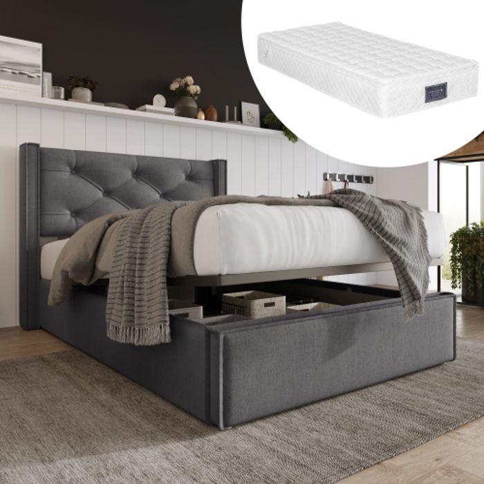Lit Simple - MUVOE - 90x200 Cm - Rembourré - Avec Sommier Et Matelas - Espace De Rangement