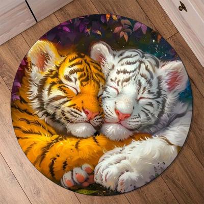 1 pz. Tappeto rotondo con motivo a tigre, per interni, antiscivolo, lavabile, in fibra, morbido e confortevole, per camera da letto, soggiorno