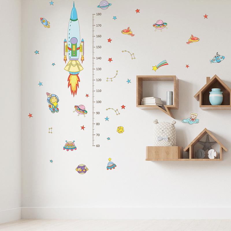 Cartoon Planets Rocket Height Chart Wall Sticker Self-Adhesive Removable for Kids Room Nursery Home Decor