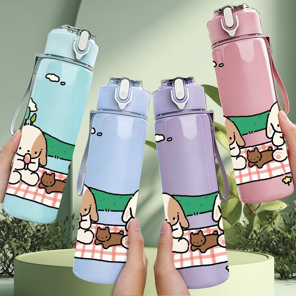 1PC Kids Picnic Cottage Scene 750ml Color Plastic Sports Water Bottle Leakproof Flip Straw Lid Suitable for Sports Office Home Use