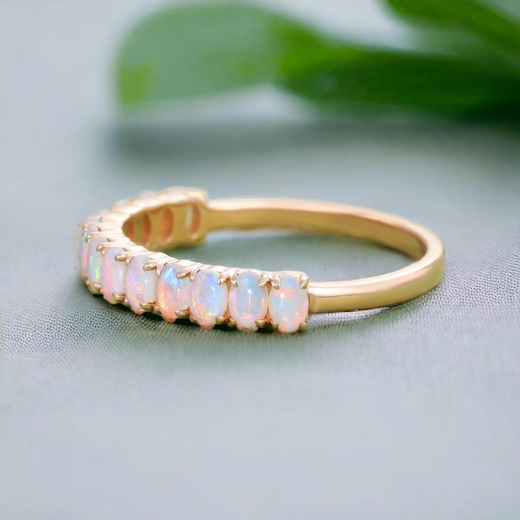 Verighetă Opal Jumătate Eternitate Unică Aur Galben Bijuterii Piatră Natală Octombrie Stivuire Nupțială Cadou Aniversar