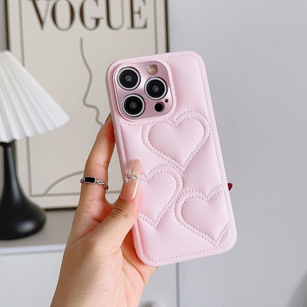For iPhone 17 16 15 14 Pro Max Air Plus Love Hearts Embossed Leather Camera Lens Protector Full Protection Soft Back Cover