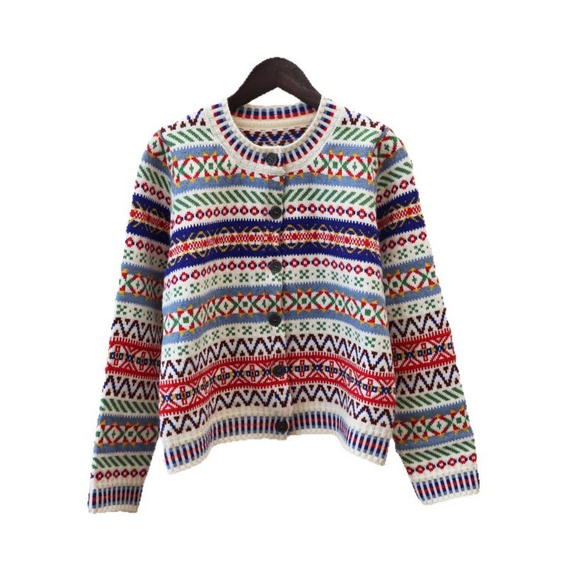 Color jacquard sweater jacket autumn and winter new retro crew neck soft waxy knitted cardigan top women