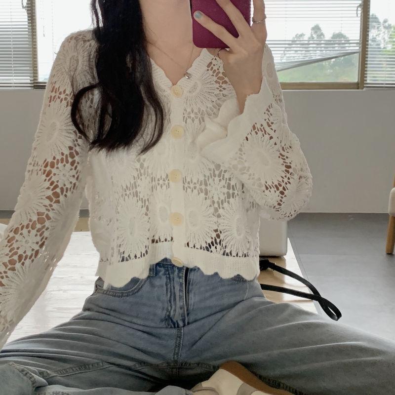 

Темпераментная кружевная ажурная солнцезащитная рубашка, кардиган, куртка-студентка, стильный короткий топ One Size белый