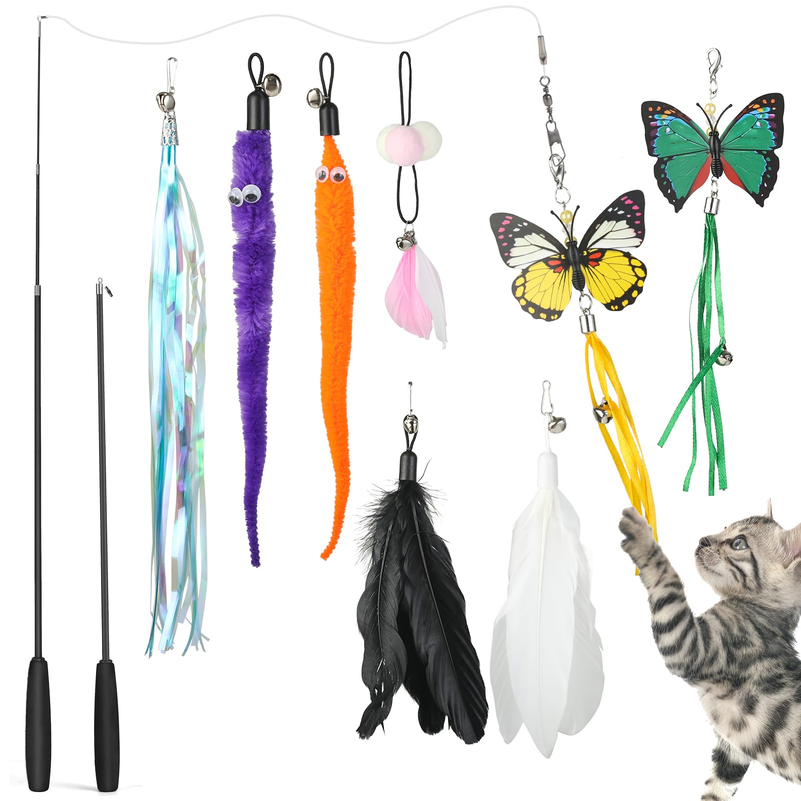 

Sutine Cat Toy Set with 8 Replacement Butterfly and Caterpillar Toys, Includes a 125cm Fishing Rod