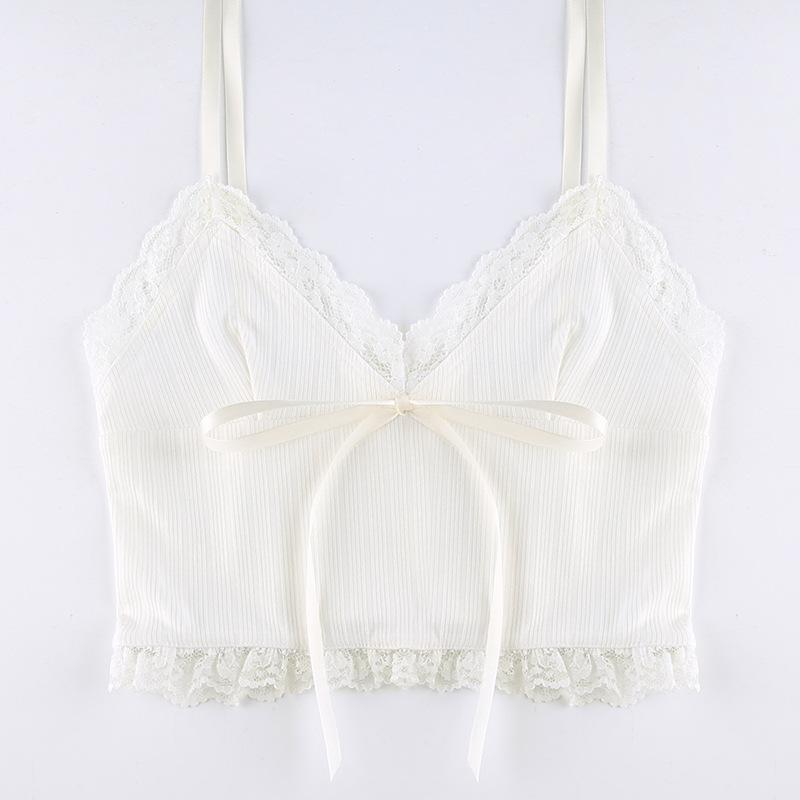 Women Simple Lace Flower Pit Strip Drawstring V-neck Suspender Vest Short Top