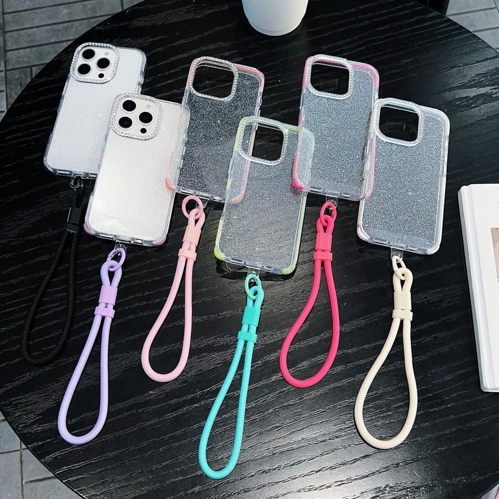 For iPhone 16 Pro Case Rhinestone Decor Glitter TPU Anti Drop Phone Cover with Adjustable Wrist Strap