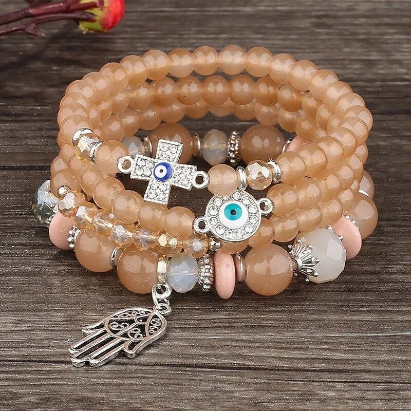 Bracciale Regolabile con Perline Acriliche Multistrato alla Moda per Donne BoHo Portafortuna Malocchio Croce Palma Ciondoli Bracciali Gioielli