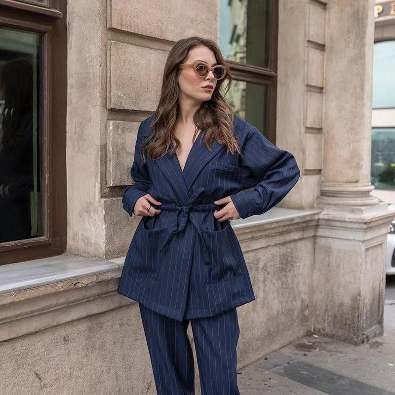 

Western Style New Stripe Suit Collar Top Trousers Two-Piece Striped Top and Pants Set Dark blue L