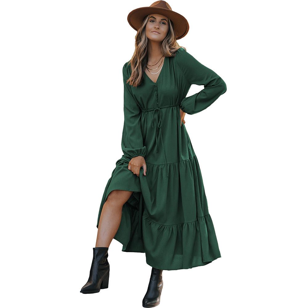 

Женское многослойное осеннее платье Shi Ying - Глубокий V-образный вырез, Средняя талия, Рукава-фонарики с поясом S зелёный