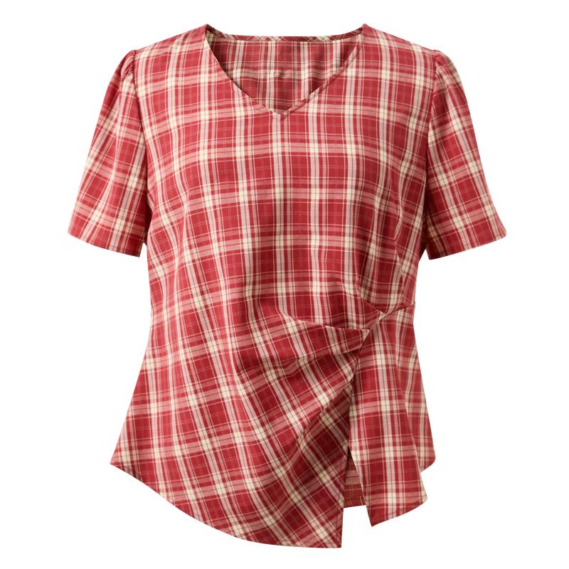 Sancai Plus Size Summer Red Plaid V-Neck Top XXXL