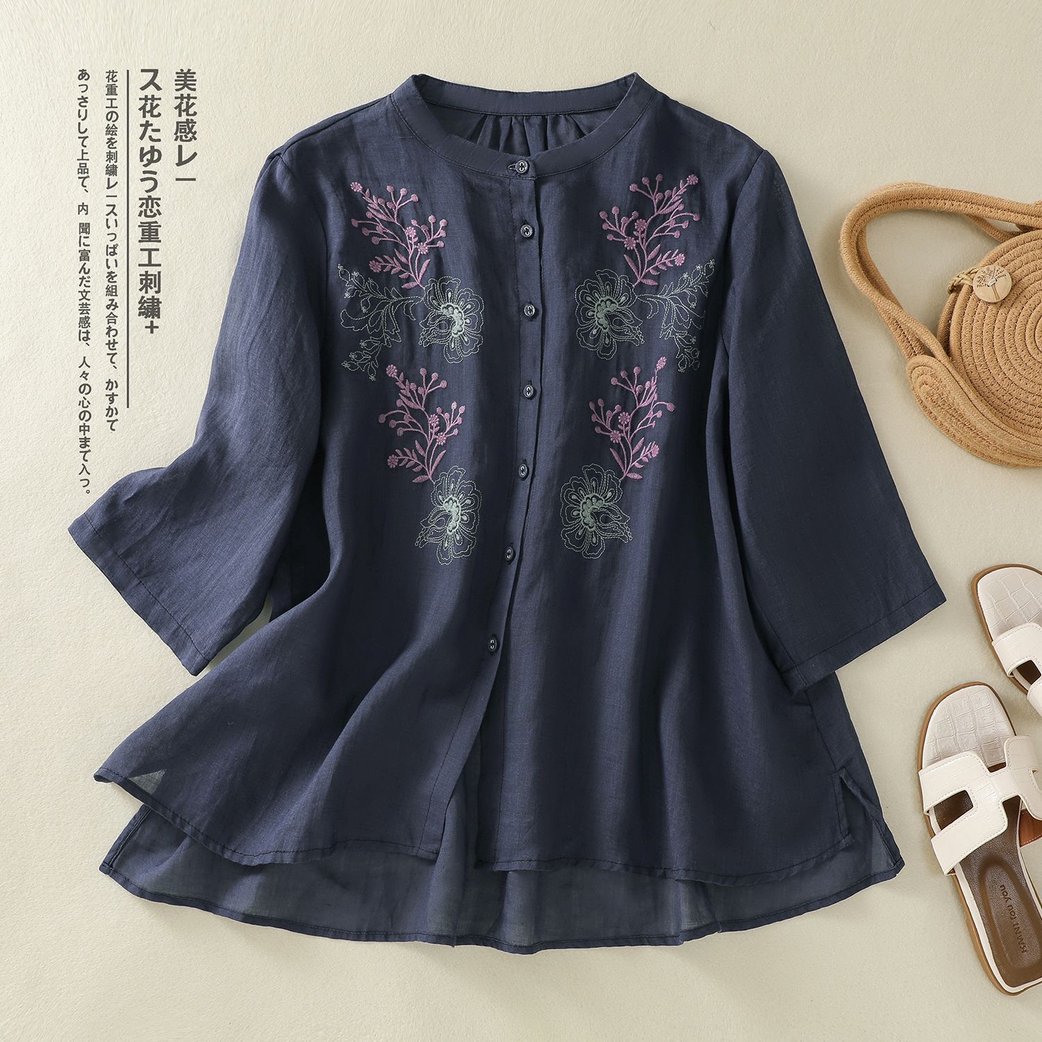 

Хлопково-льняная рубашка с коротким рукавом и вышивкой, новая универсальная литературная и ретро, универсальная свободная, скрывающая недостатки фигуры 4XL тёмно-синий