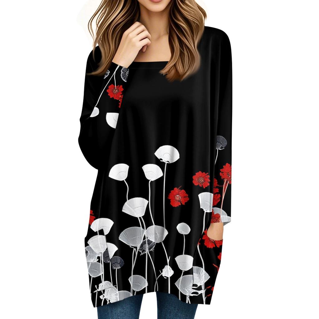 Womens Tops Square Collar Long Sleeve Blouses Casual Mid-length Shirts Fashion Print Tunic Tops With Pockets