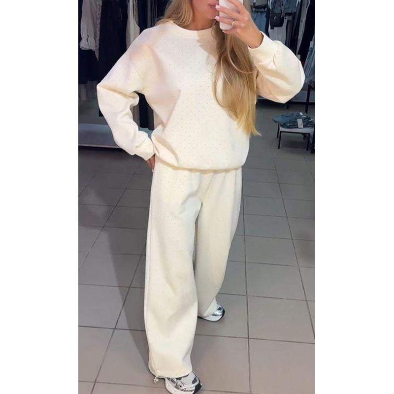 2025 Cross-Border Autumn and Winter Women clothes Casual round Neck Long sleeve Hoodie Full Body Hot Drilling Drawstring Ankle-Tied Trousers Set Suit