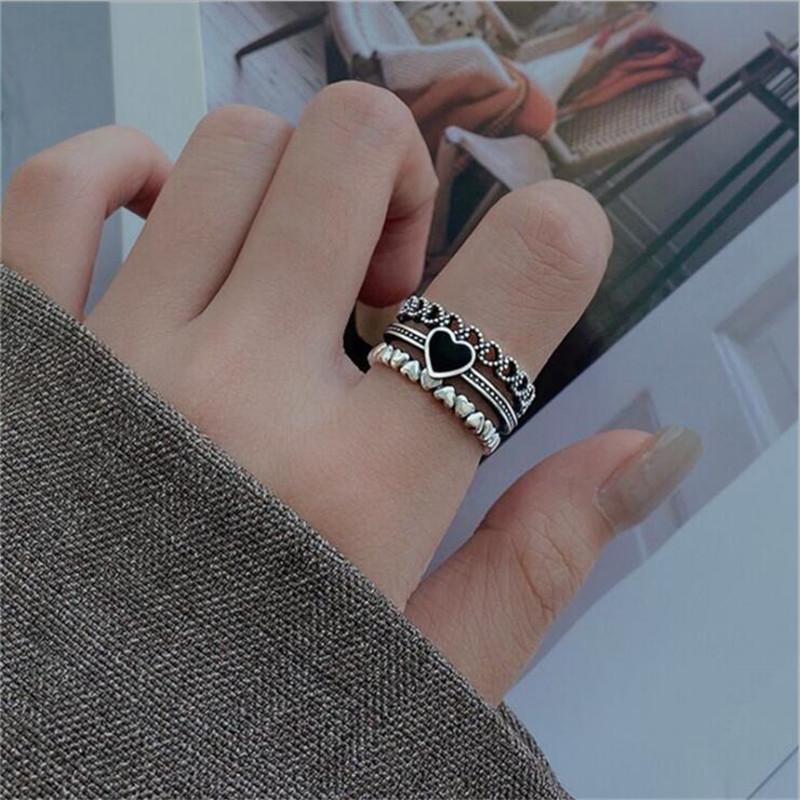 Picche Danneggiate Cuore Nero a Forma di Cuore Anelli Apribili Retro Combinazione a Tre Strati Gioielli in Argento Sterling 925 Amore Dolce TYB032
