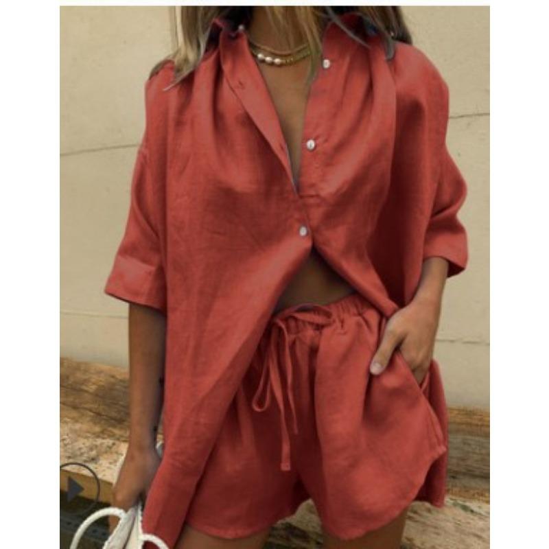 Fashion Solid Shirt Home Suits Casual Short Sleeve Tops + Drawstring Shorts Two Piece Set Summer Women Button Loose Outfit