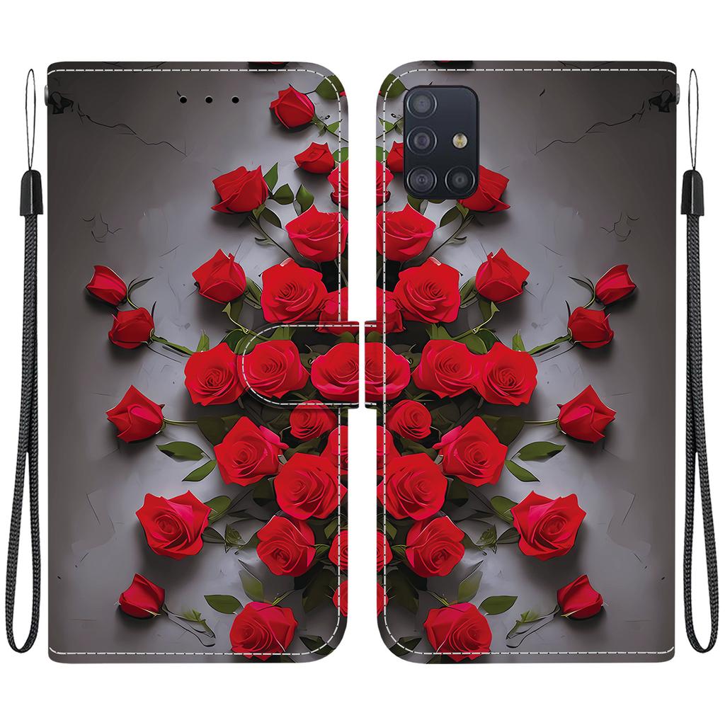 Handmade PU Leather Flip Case for Samsung Galaxy A51 5G (SM-A516F/A516B)- Anti-Slip Shockproof Cover with Wrist Strap & Heart/Rose Cat Designs