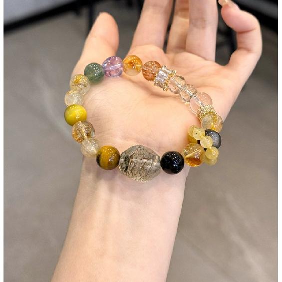 

New crystal bracelet with black gold, ultra-flexible tiger eye stone, golden rutilated quartz, green phantom quartz, and multi-gemstone crystal Crystal bracelet8mm Left