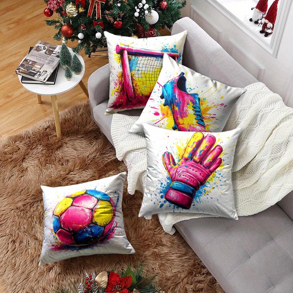 Watercolor Soccer Gear Throw Pillow Covers, Vibrant Football Glove Cleat Goal Net Print Cushion Cases Sporty Artistic Home Decor