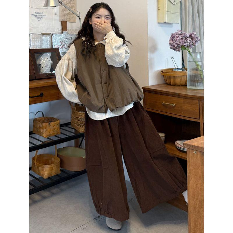 Plus-Size Women's Clothing 2026 Korean Style Doll Collar Jacquard Shirt + Versatile Quilted Vest + Corduroy Pants Set