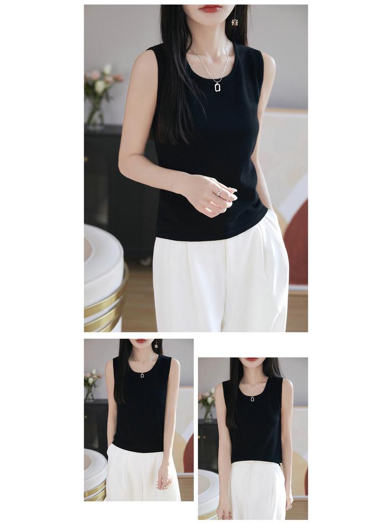 Women's Slim Fit Knitted Wool Vest - Soft Sleeveless Crew Neck for Spring & Autumn Layering