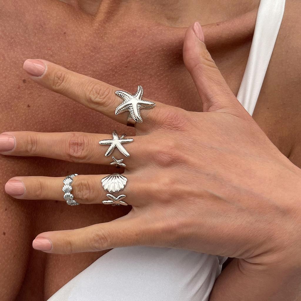 4Pcs/Set Starfish Scallop Adjustable Open Rings for Women Summer Trendy Geometric Gold Color Beach Jewelry Accessory