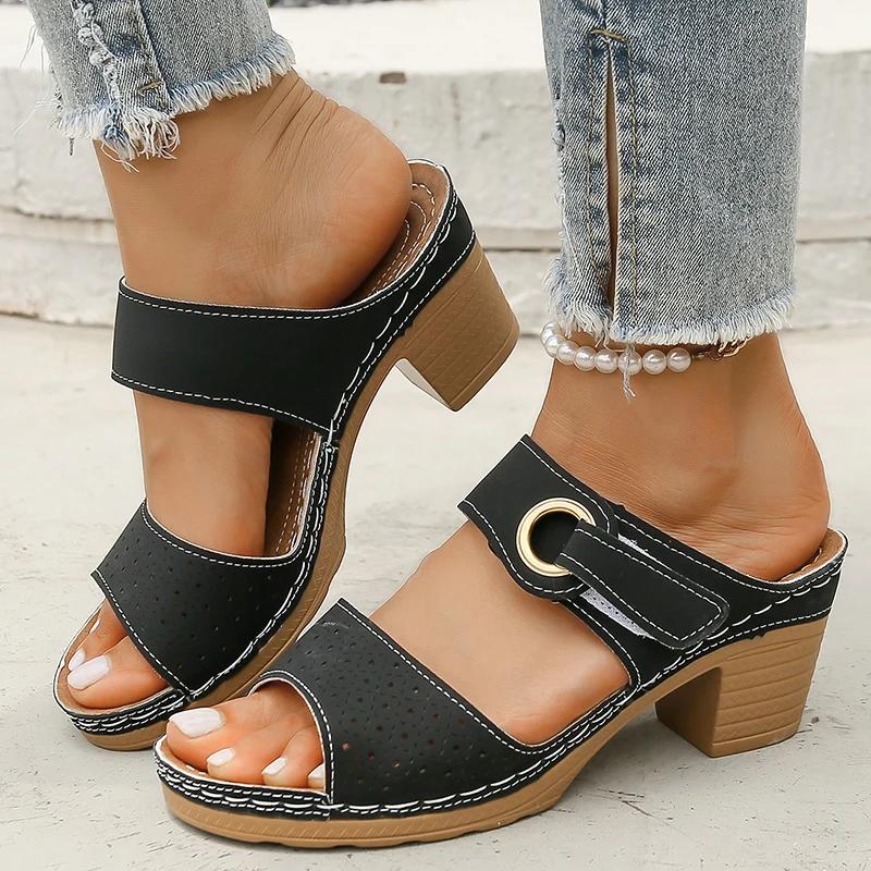 Fashion Hook Loop Thick High Heel Sandals Women Hollow Out Summer Beach Sandles Woman Plus Size Anti-Slip Platform Sandalias De Mujer