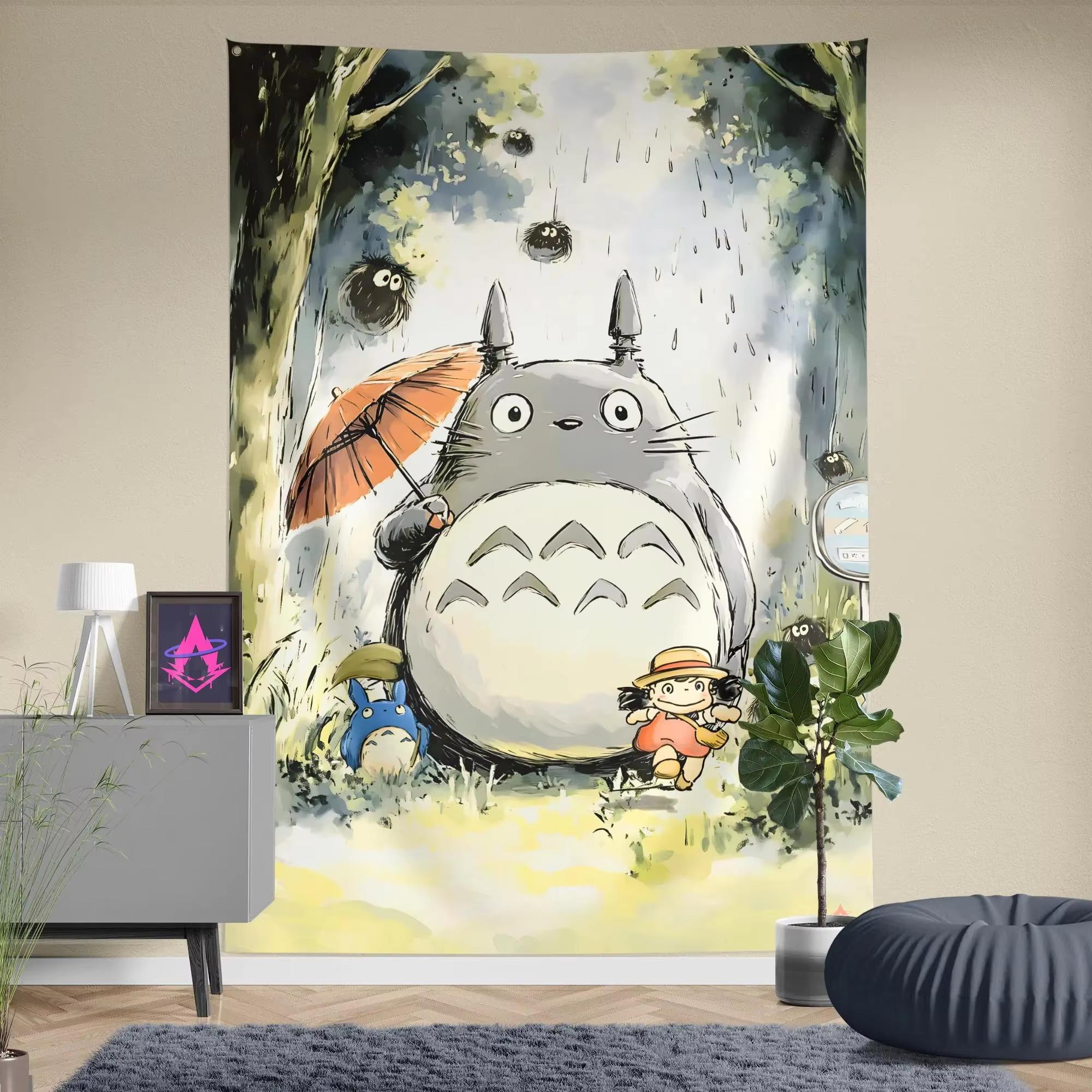 Kawaii Waldgeist Wandteppich Flachdruck Großes Graues Tier mit Regenschirm Wandbehang für Schlafzimmer Wohnheim Dekoration Manga Kunst 40X60CM