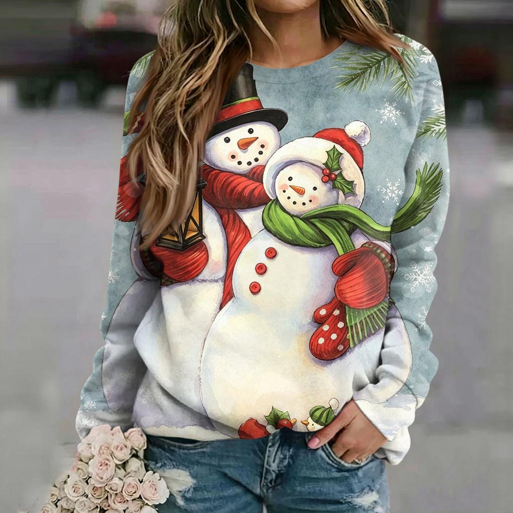 Women's Casual Neck Long Sleeve Raglan Christmas Print Pullover Sweatshirt