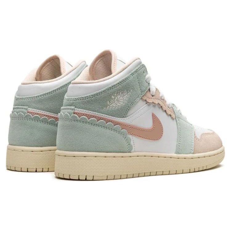 Buty sportowe Air Jordan 1 Mid SE GS z falowanym brzegiem dla dzieci zielono-biało-różowe Oxford DZ5361-100