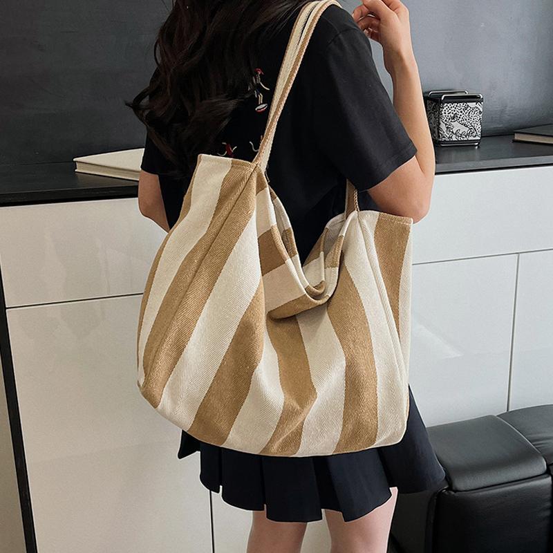 Yogodlns Women Striped Shoulder Bag Simple Carrying Bag Large Capacity Stylish Shoulder Purse Casual Shopping Bag Canvas Commuting Bag