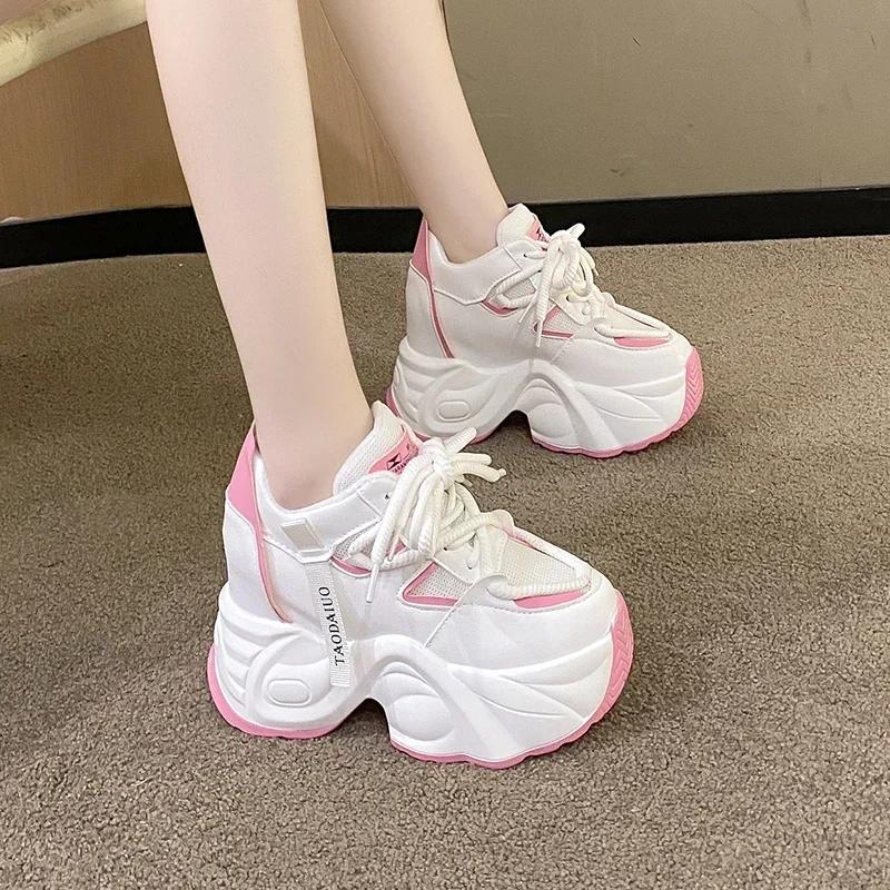 Fashion 11CM Women Autumn Leather Chunky Sneakers Winter High Platform Warm Fur Casual Shoes Wedge Heels Sports Plush Snow Shoes Woman