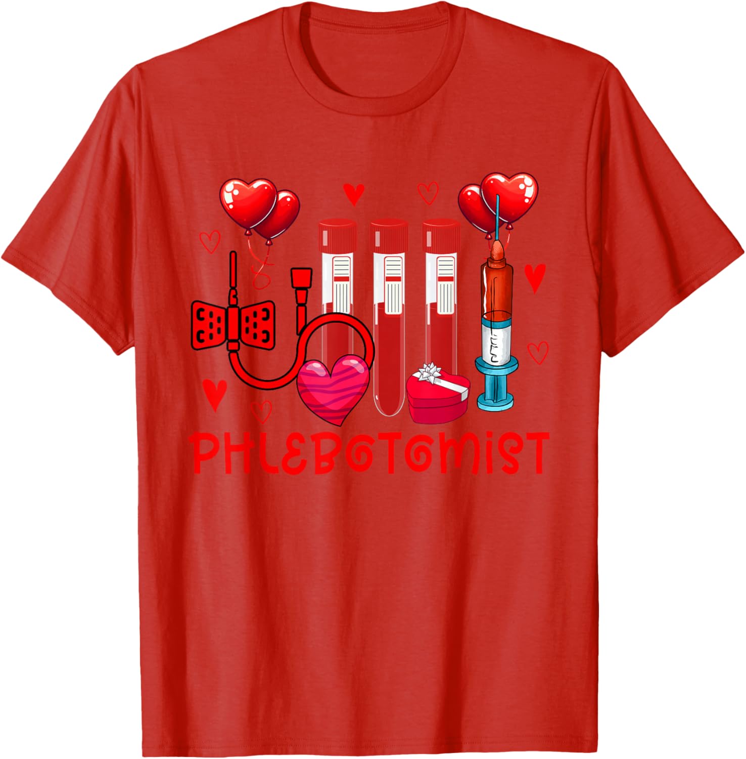 Phlebotomist Valentine Hearts Blood Draw Tubes Graphic Tee Soft Cotton Casual Daily T-Shirt S