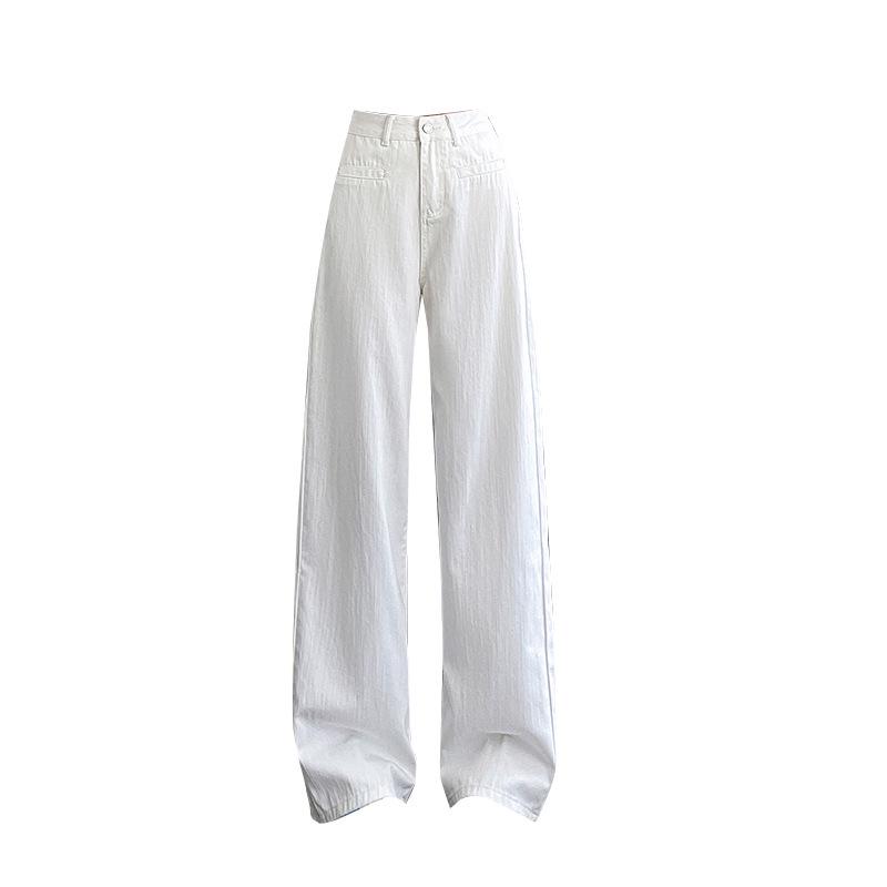Women's High-Waisted White Wide-Leg Jeans, Plus Size, Versatile Spring/Autumn Floor-Length Pants