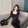 Retro Square Neck Long-sleeved Dress for Women's Autumn and Winter Light and Mature Temperament Mesh Stitching Hip-wrapped Fishtail Long Dress