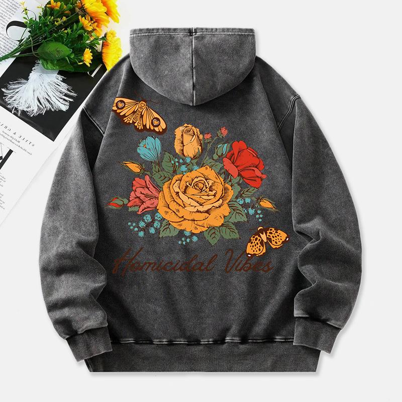 Butterflies And Flowers Washed Hoodie Womens Vintage Print Cotton Pullover Distressed Pocket Oversize Hoody Clothes