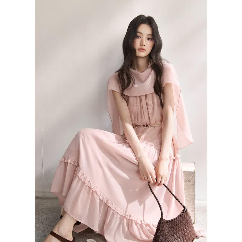 Miexu French Retro Halter Midi Dress with Lace & Belt