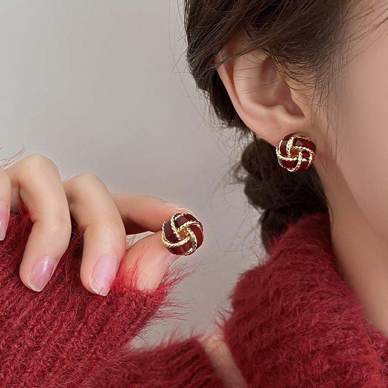 Red Ribbon Bow-knot Vintage Stud Earrings For Women Korean Fashion Autumn Winter Simple Bow Red Stud Earrings Geometric Earring