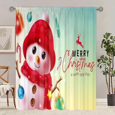 2 Pieces - Winter Christmas Decoration Christmas Snowman Print Curtain for Bedroom, Living Room, Study, Private Space
