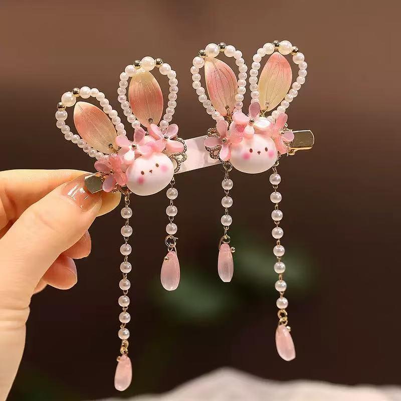 Beaded Pearl Rabbit Ears Tassel Hair Clip – Traditional Chinese Style for Kids