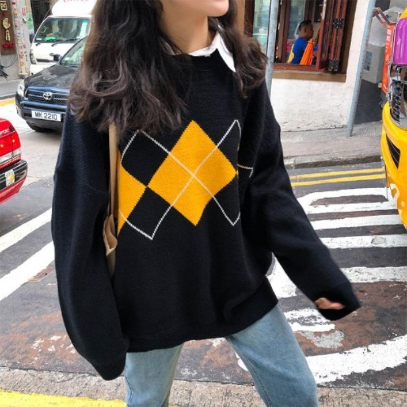 INDFS Women's Fashion Casual Fall Winter Rhombus Print Long Sleeve O-Neck Sweaters