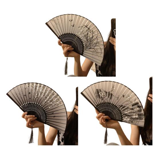 Floral Print Folding Fan with Tassel Chinese Style Hand Held Fan Portable Summer Cooling Fan Dance Performance Party Photo Props
