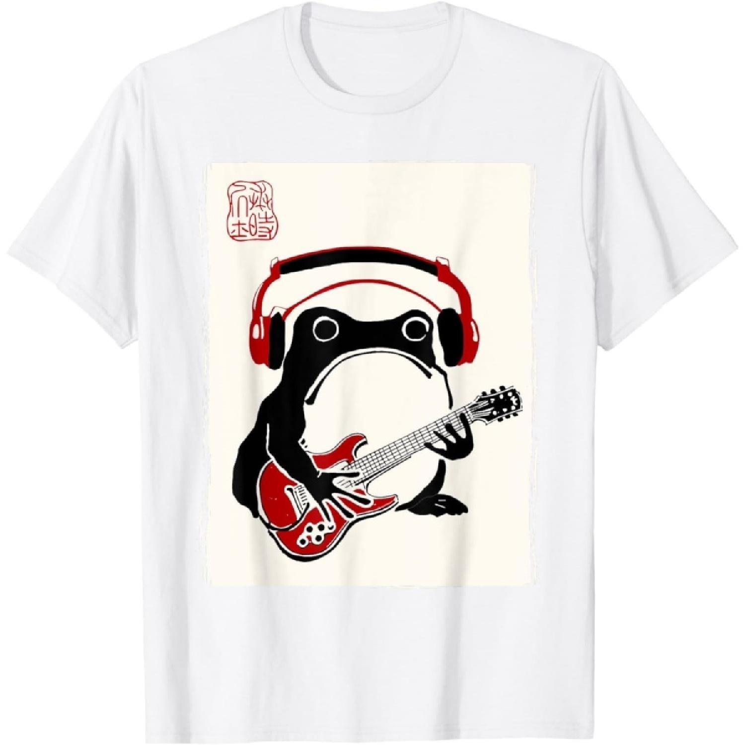 DCOJUZBO Funny Grumpy Frog Guitar Rock Music Kawaii Japanese T-Shirt S