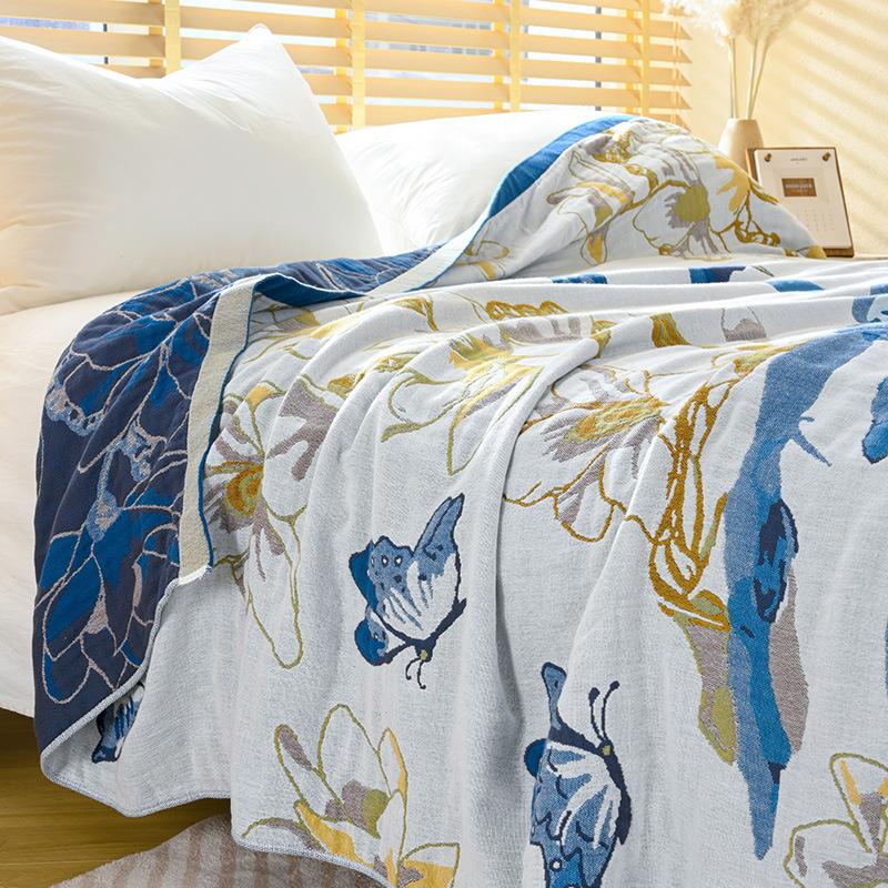 100% Cotton Blanket, Sheets, Four-Ply Gauze Sheets, Reversible, Blue Peacock