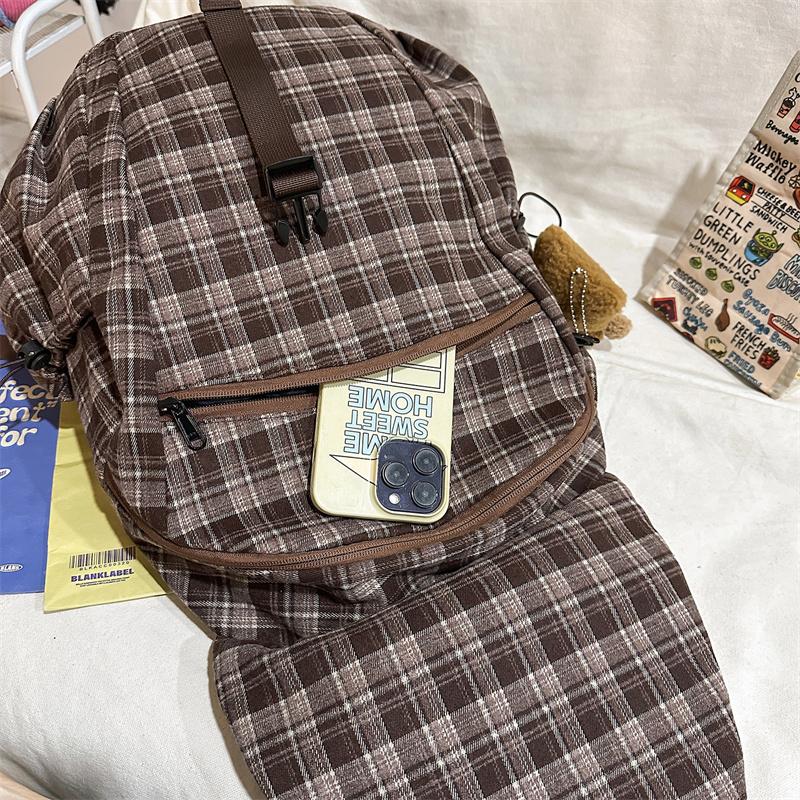 Vintage Plaid Backpack College Style Junior High School Student Schoolbag