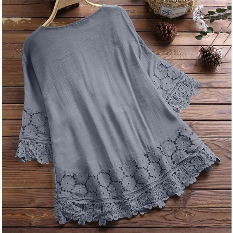 Sommerbluse Damen V-Ausschnitt Spitze Hemd Bluse Elegante Damenmode Lässig Dame Locker Leinenhemden