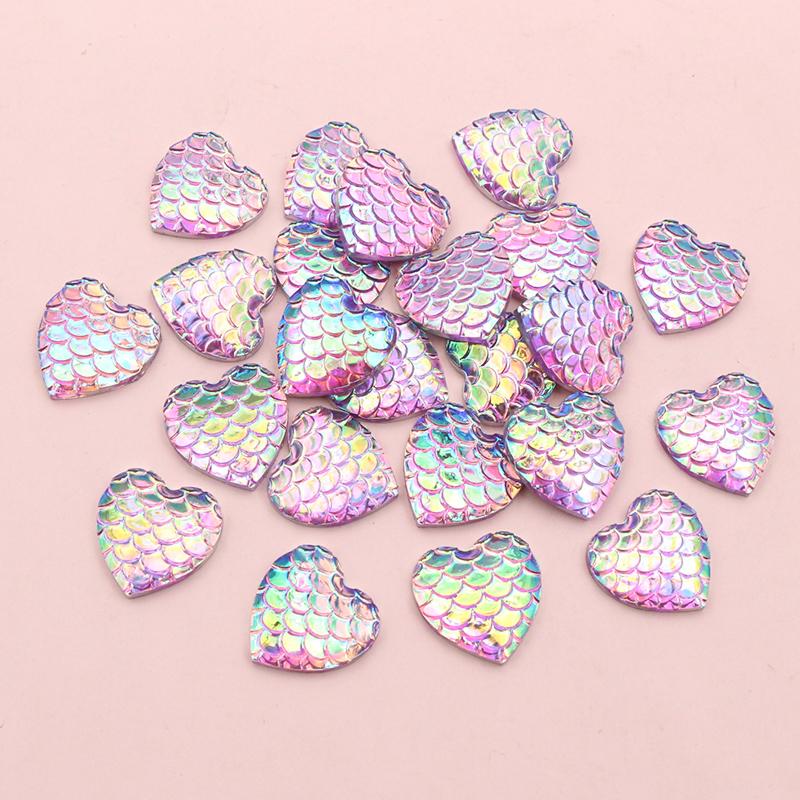 40pcs 12mm Heart Shape Mermaid Fish Scale Resin Cabochons Dome Flat Back DIY Jewelry Making Accessories for Earrings Bracelets