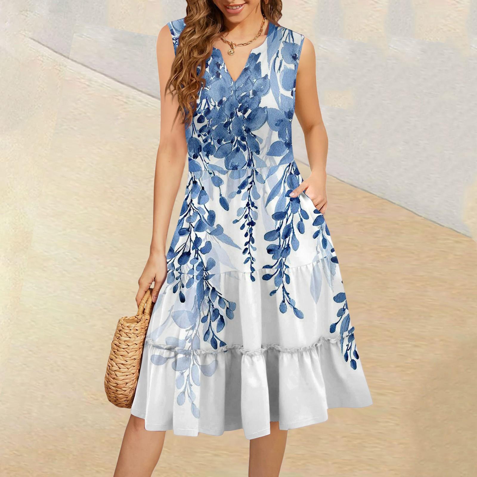 

Женские летние повседневные платья без рукавов с V-образным вырезом и плиссированными оборками в винтажном стиле с цветочным принтом XL небесно-голубой