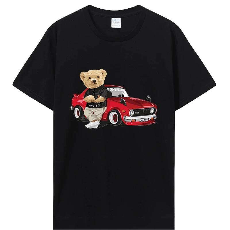 Men's Graphic T-shirt Teddy Bear Race Car T Shirt Cotton Short Sleeve Tees Oversized Streetwear Men Clothing Oversized 43003