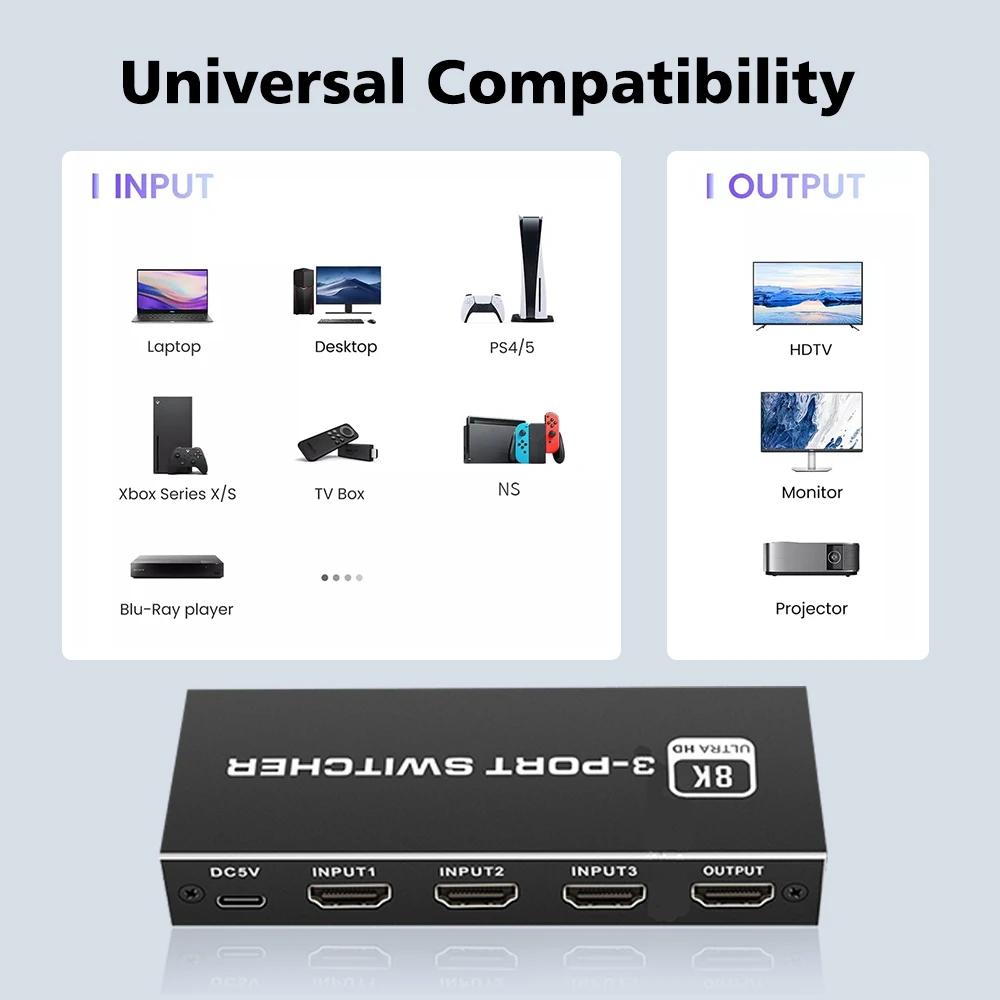 Q8Q3-3 HDMI 2.1 Switch 3x1 8K 4K 120Hz HDR Audio Video Synchronizer for Gaming/Home Theater